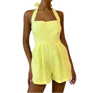 Rumer Quinn Plain Playsuit In Lemonade Halter Neck Linen Romper Large New